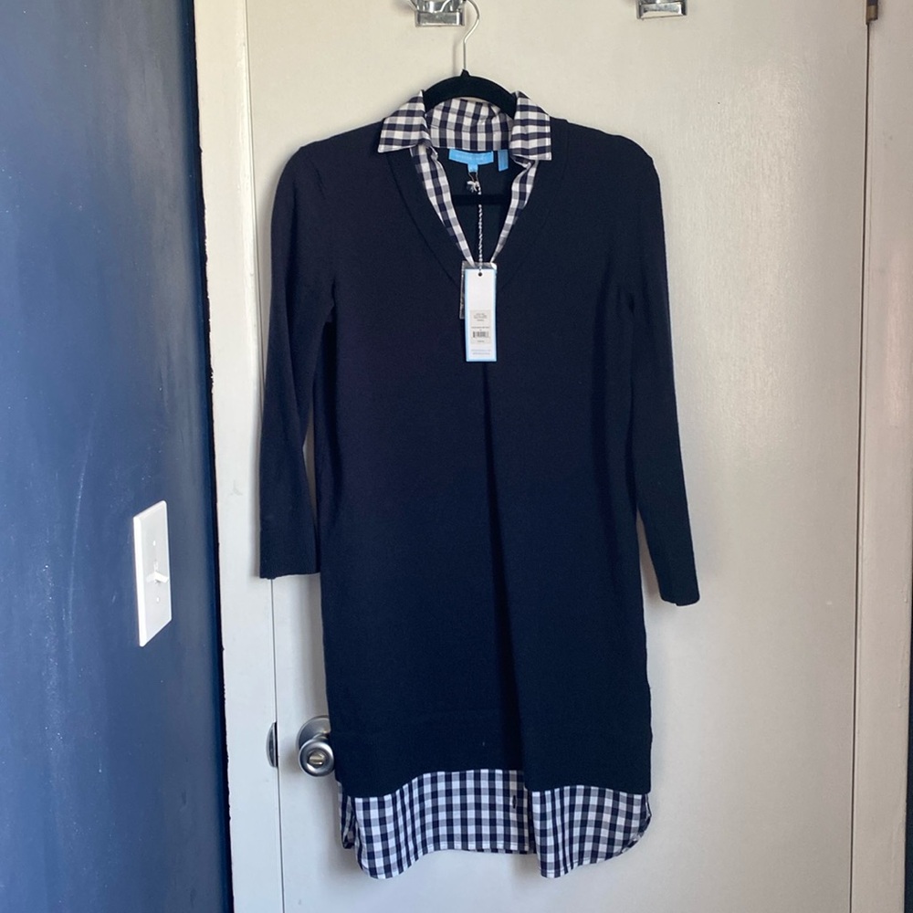 Draper James Shirt Sweater Dress Blue White Gingham Check V-Neck XS Extra Small